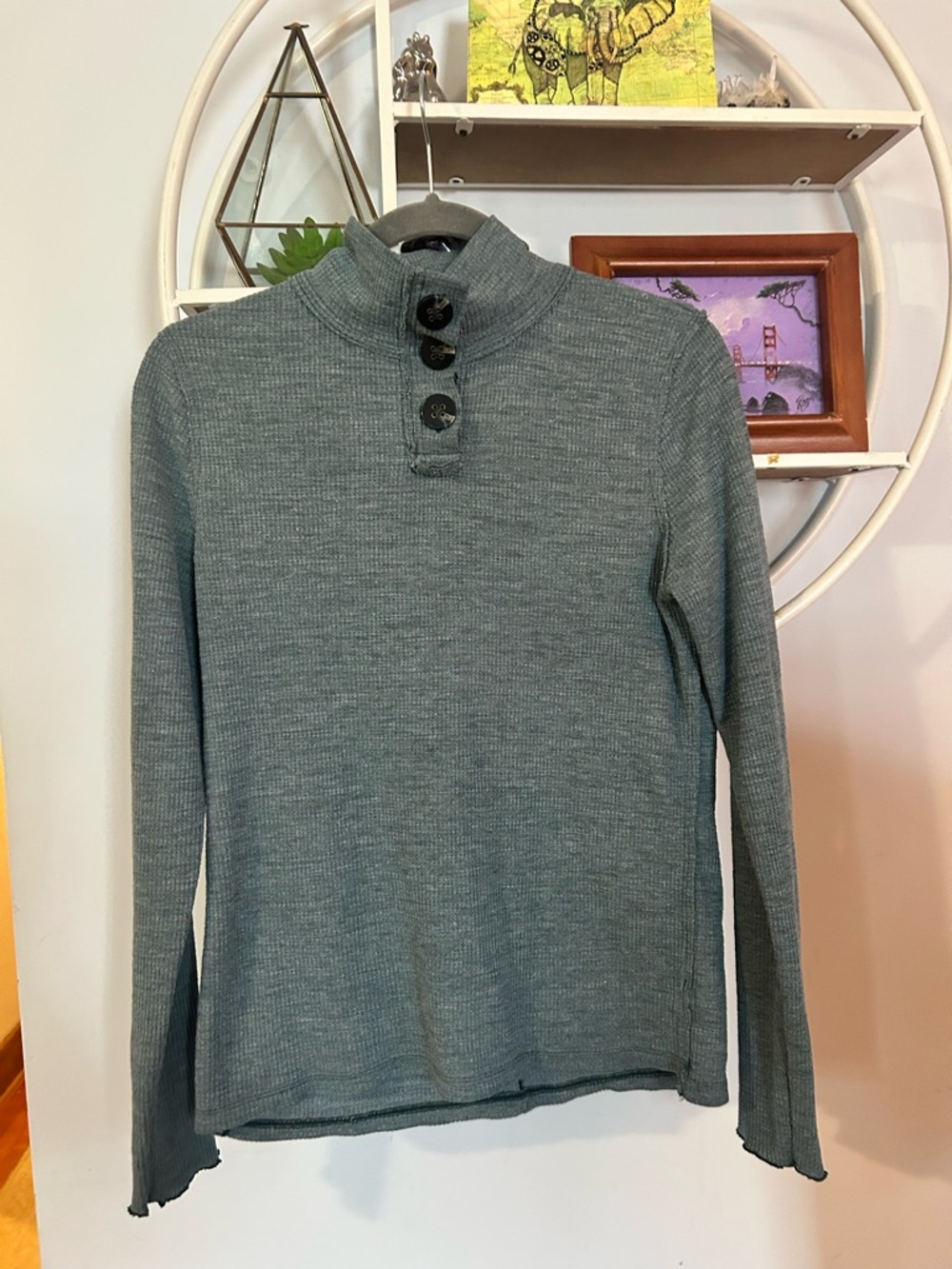 We The Free Womens L Waffle Knit Shirt Top Button Mockneck Pullover Henley Blue